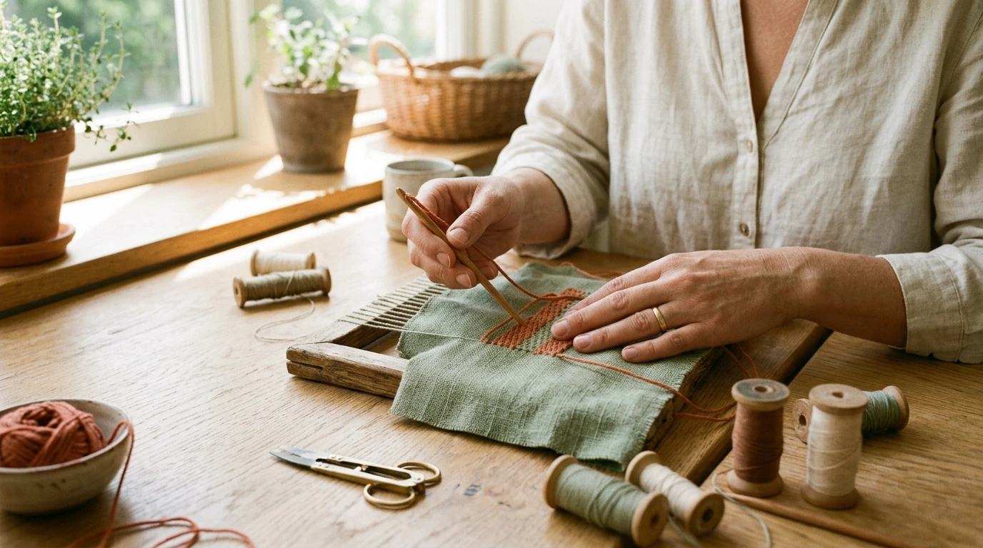 Mains travaillant une création textile avec pelotes et outils