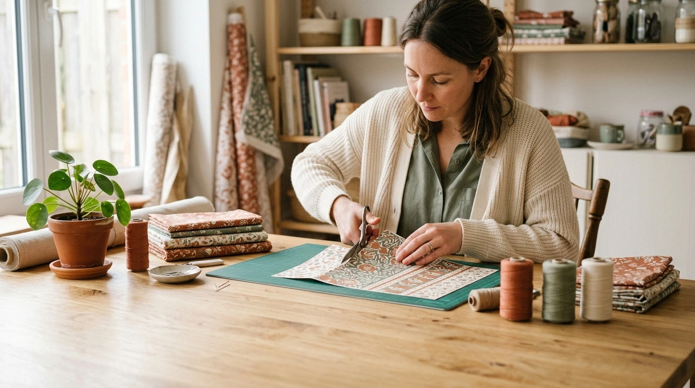 Créatrice découpant du papier et préparant son projet textile